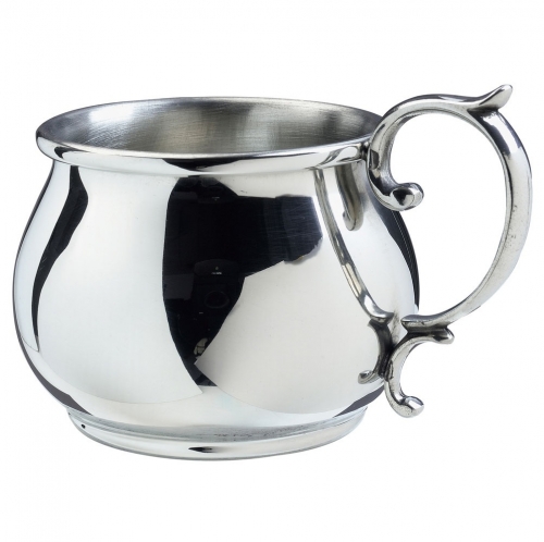 LVH Bulged Scroll Handle Baby Cup 5 Ounce 2 3/4″ tall x 4″ wide incl. handle
Pewter

Pewter Care:  Wash your pewter in warm water, using mild soap and a soft cloth. Dry with a soft cloth. Your pewter should never be exposed to an open flame or excessive heat. Store your pewter trays flat, cups upright, etc. to prevent warping. Do not wrap pewter in anything other than the original wrapping to prevent scratching. Never wrap pewter in tissue paper, as fine line scratching will occur. Never put pewter in a dishwasher. Hand wash only.